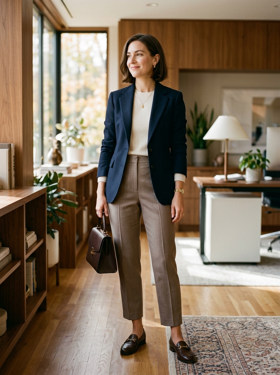 Navy Blazer With Ivory Knit And Ankle Trousers