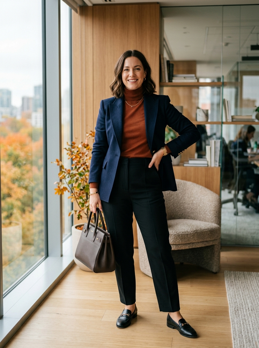 Navy Blazer With Rust Knit And Black Trousers