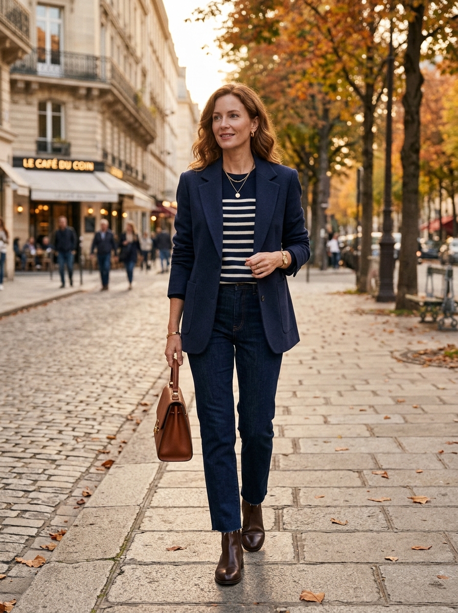 Navy Blazer With Striped Knit and Dark Jeans