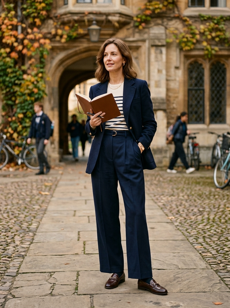 Navy Blazer With Striped Top and Pleated Trousers