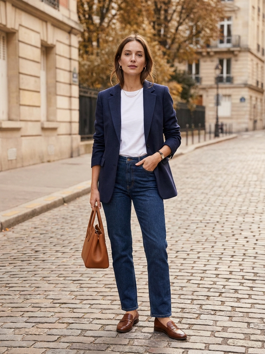 Navy Blazer With White Tee And Jeans