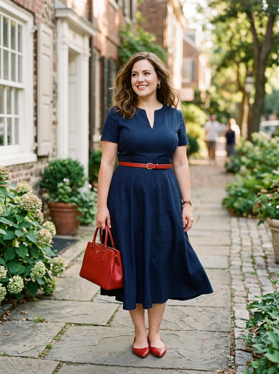 Navy Dress With Red Accessories