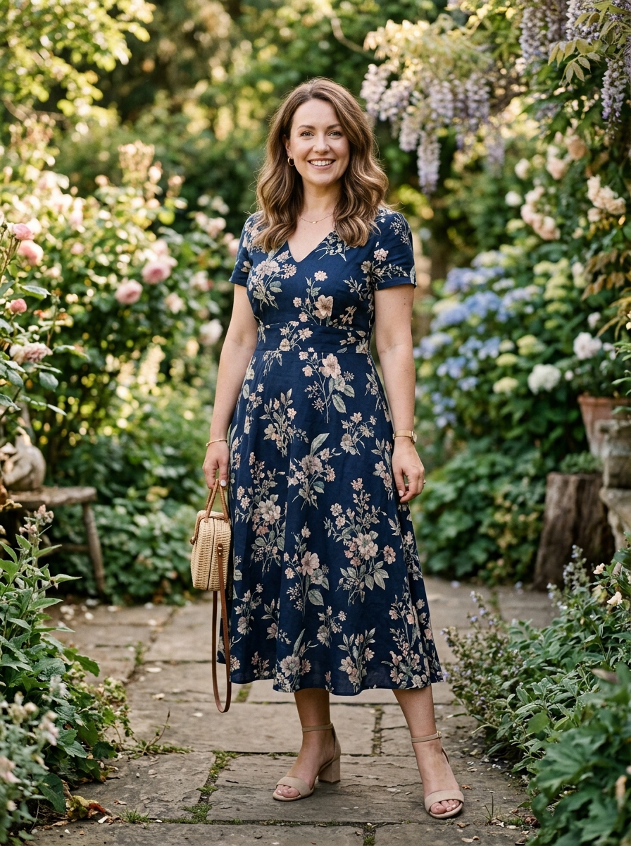 Navy Floral Tea-Length Dress