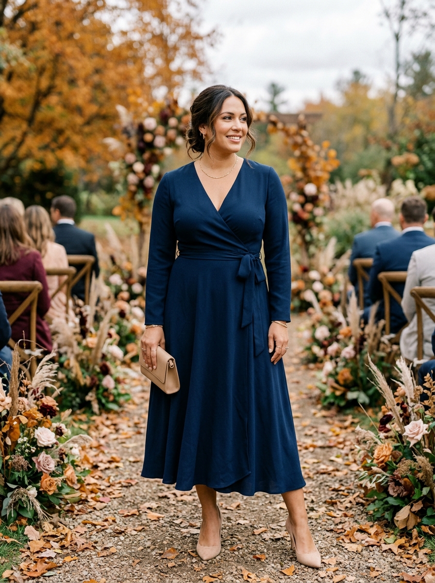 Navy Long-Sleeve Wrap Dress