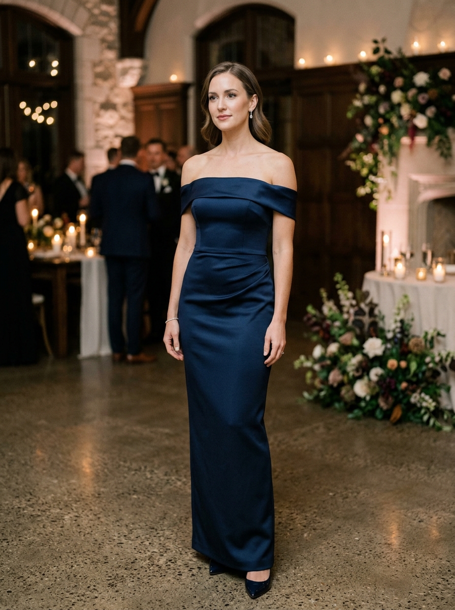 Navy Off-Shoulder Column Gown