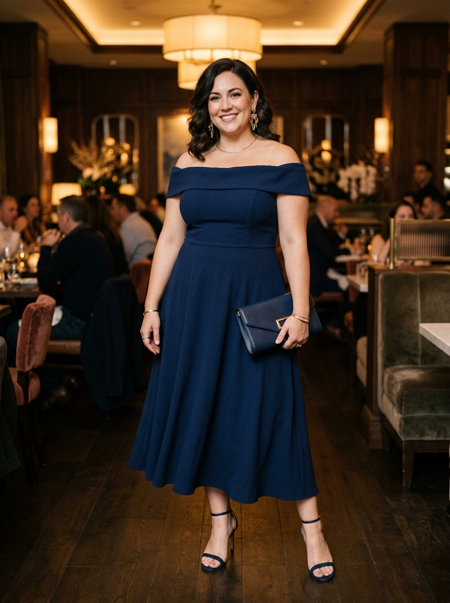 Navy Off Shoulder Dress With Statement Earrings
