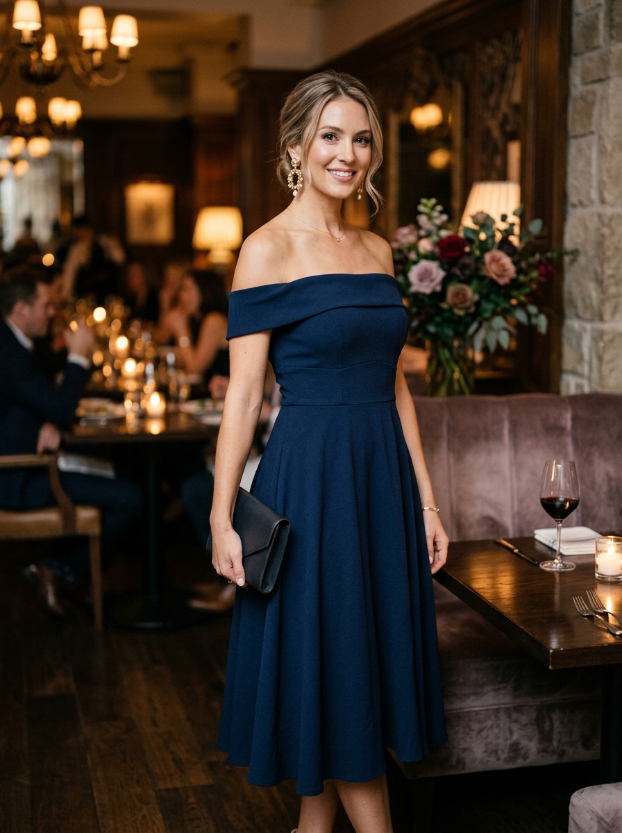 Navy Off-Shoulder Fit-and-Flare Dress