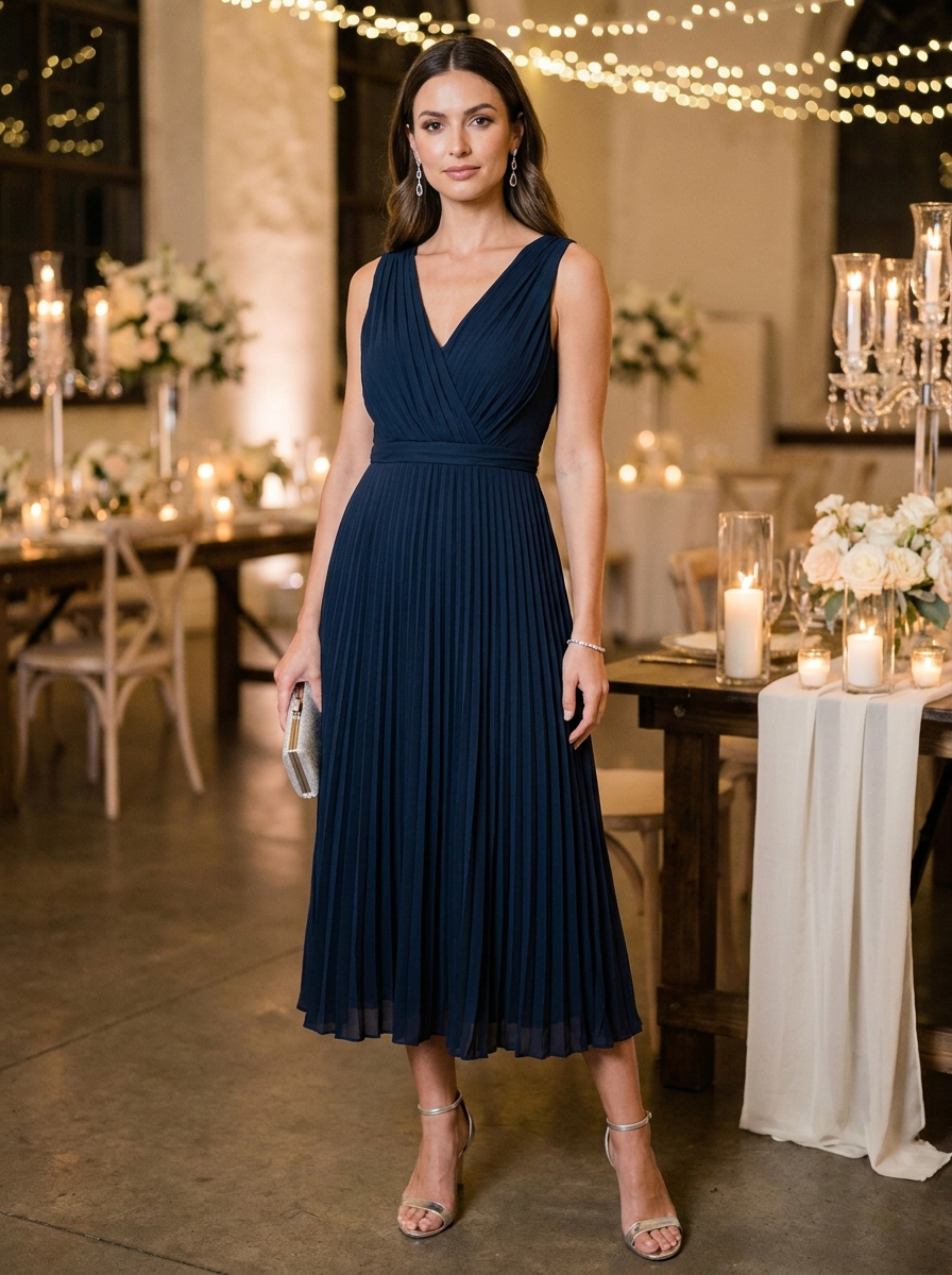 Navy Pleated Midi Dress With Silver Details