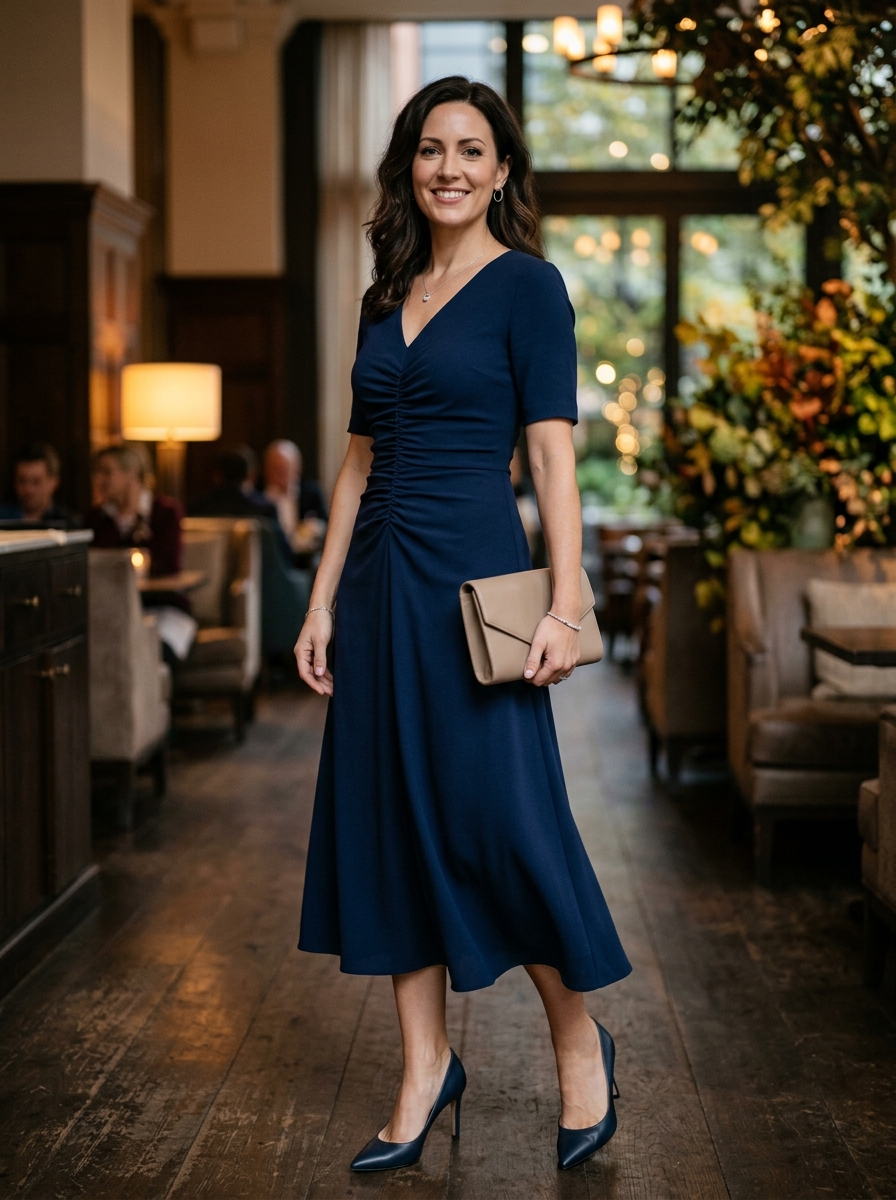 Navy Ruched Midi Dress