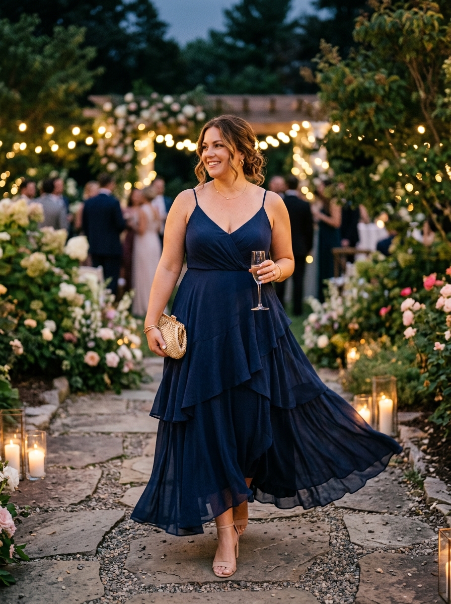 Navy Tiered Chiffon Maxi Dress