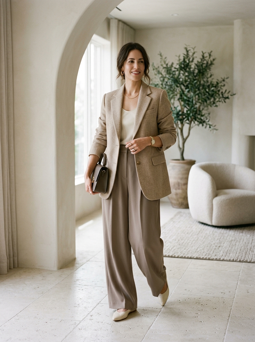 Neutral Blazer With Wide-Leg Trousers