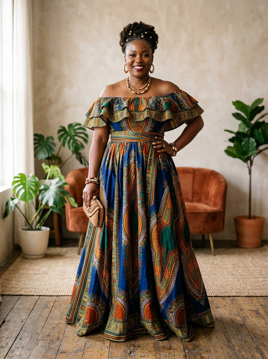 Off-Shoulder Ankara Dress With Full Skirt