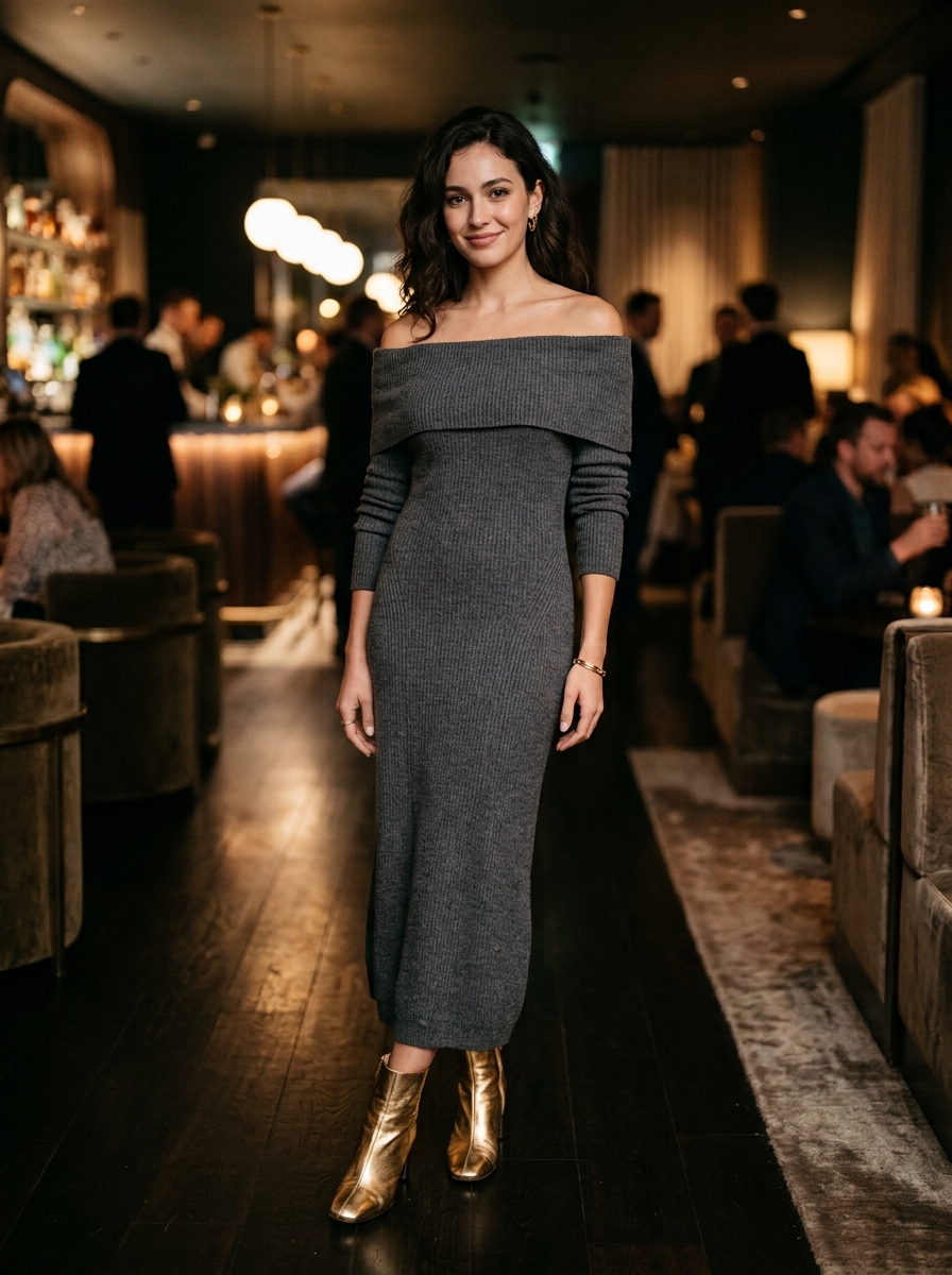 Off-Shoulder Knit Dress With Metallic Boots