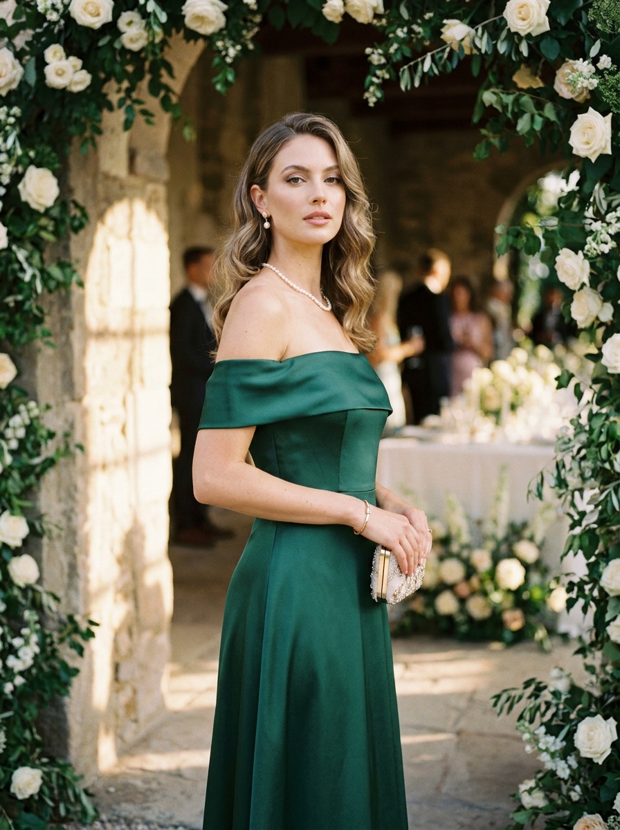 Off-Shoulder Midi Dress With Pearl Accessories