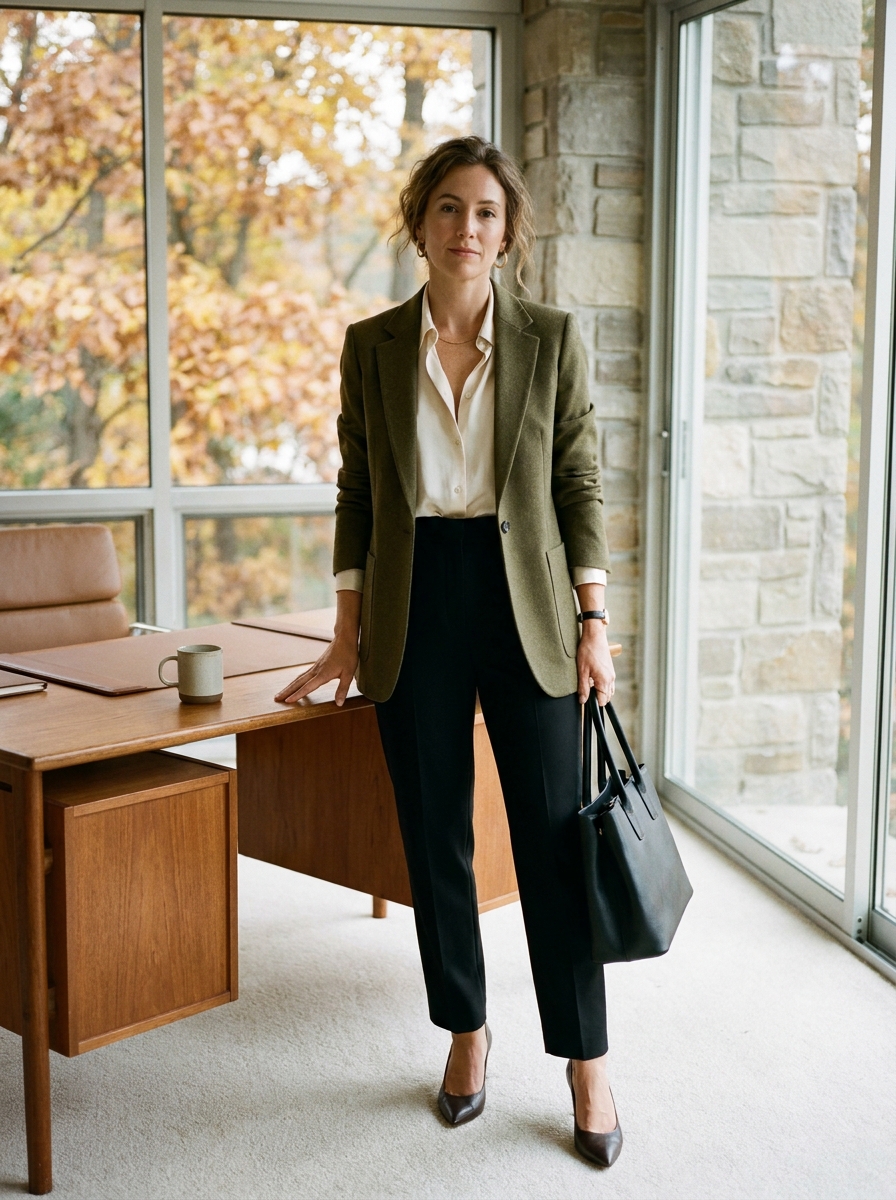 Olive Blazer With Cream Blouse And Black Trousers