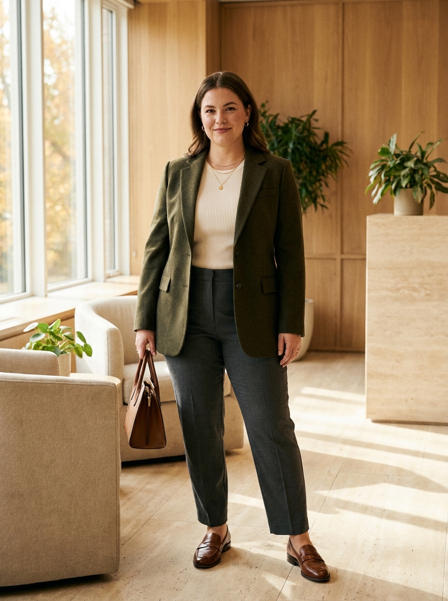 Olive Blazer With Ivory Knit Top