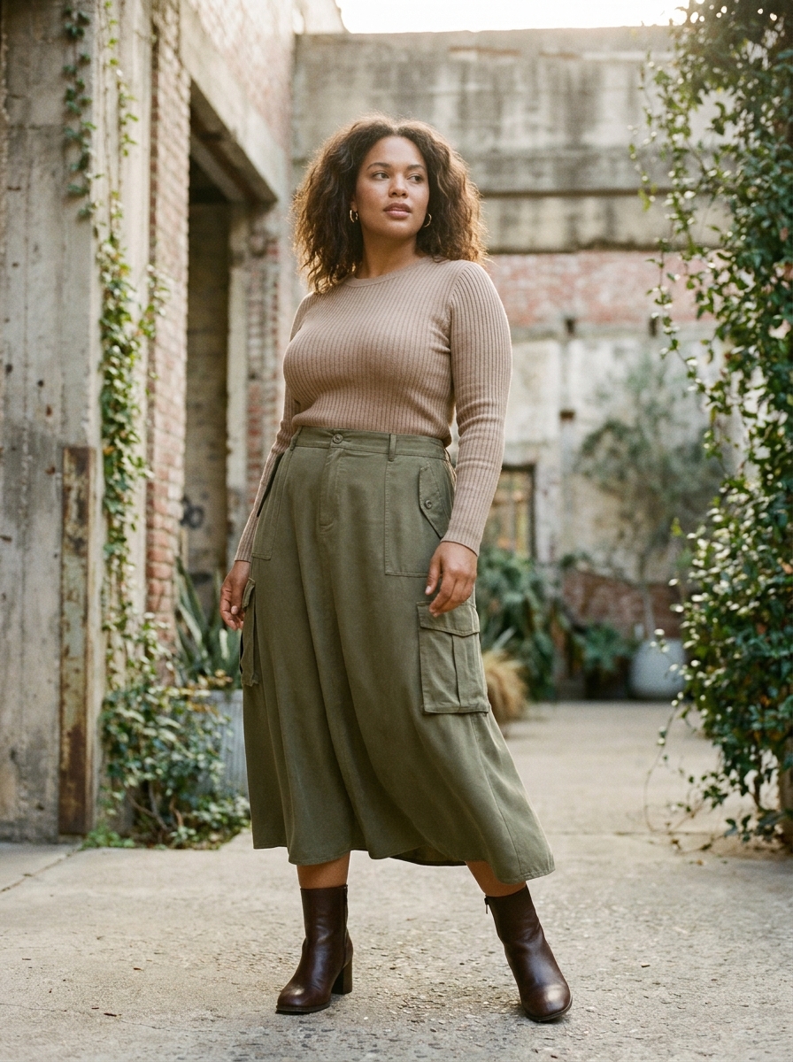 Olive Cargo Skirt With Fitted Ribbed Top