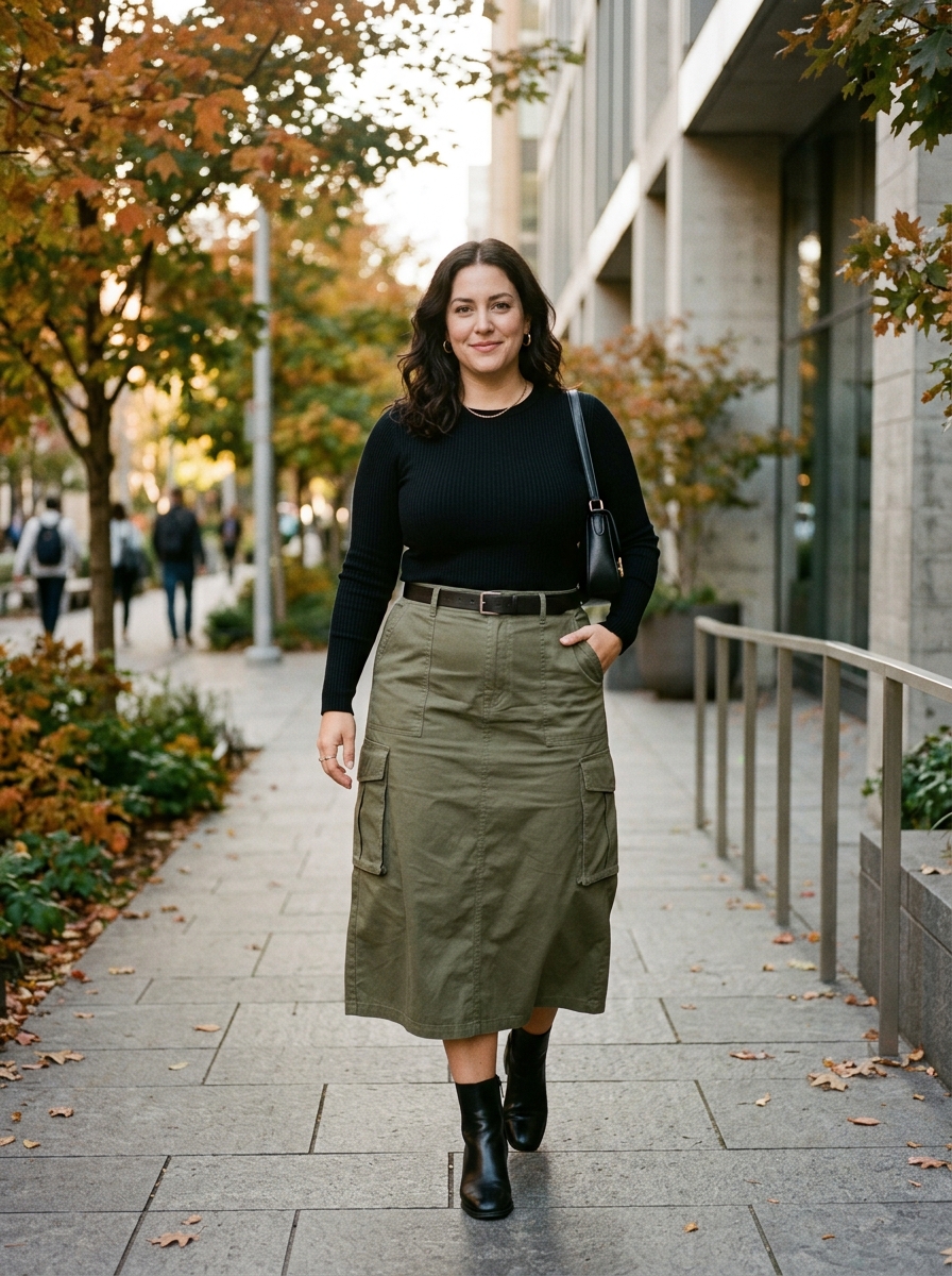 Olive Cargo Skirt With a Fitted Long-Sleeve Top