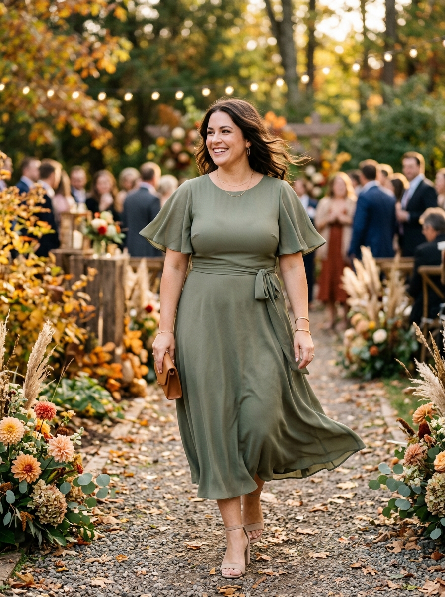 Olive Green Flutter-Sleeve Dress