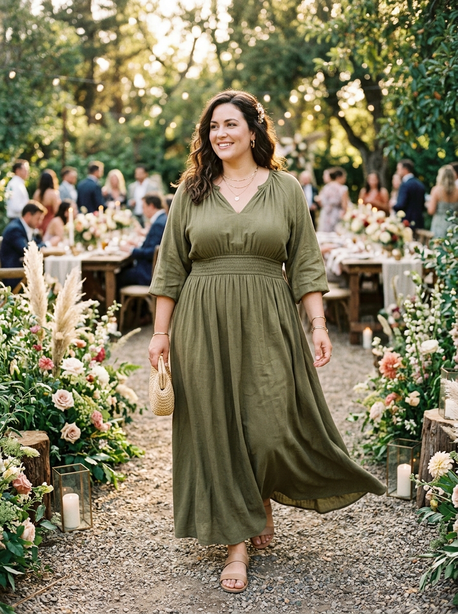Olive Green Smocked-Waist Maxi Dress