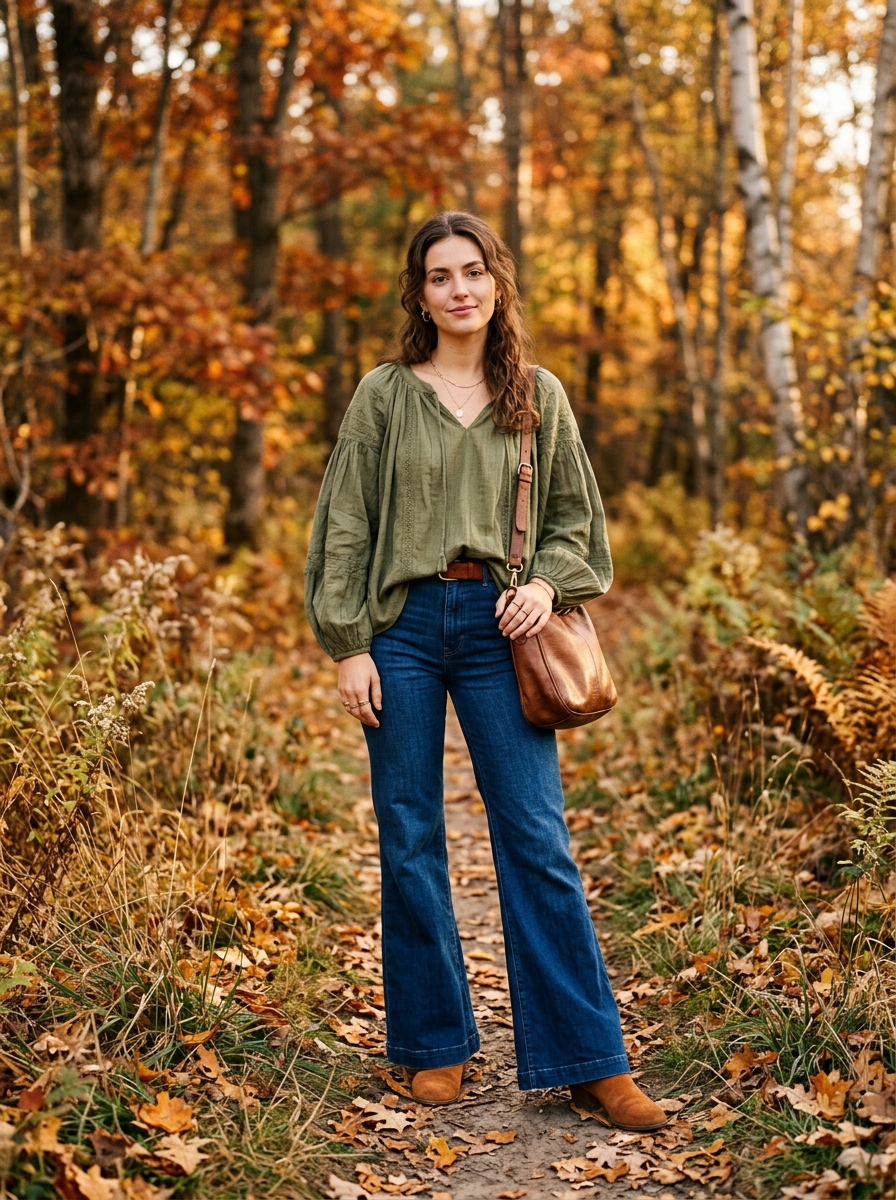 Olive Peasant Blouse With Flared Denim