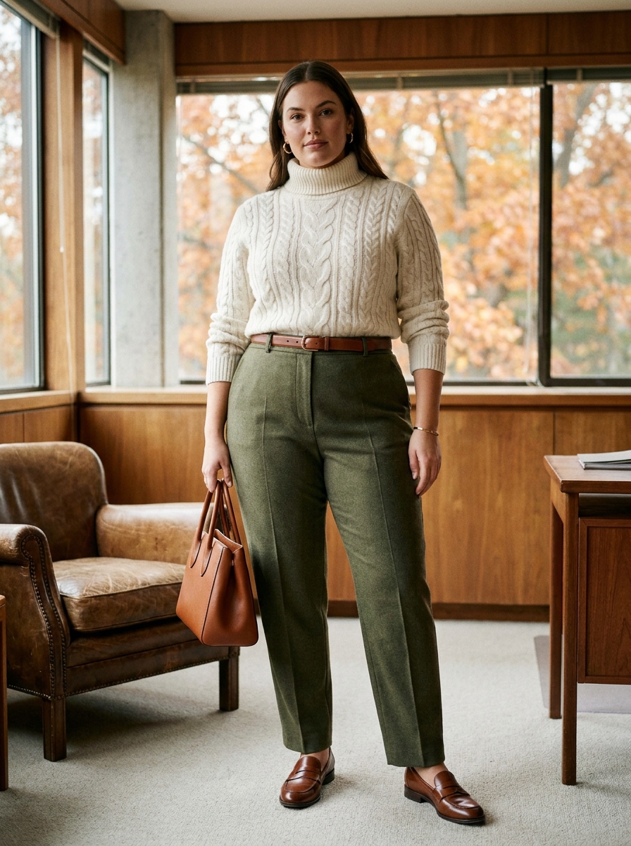Olive Trousers With Cream Turtleneck
