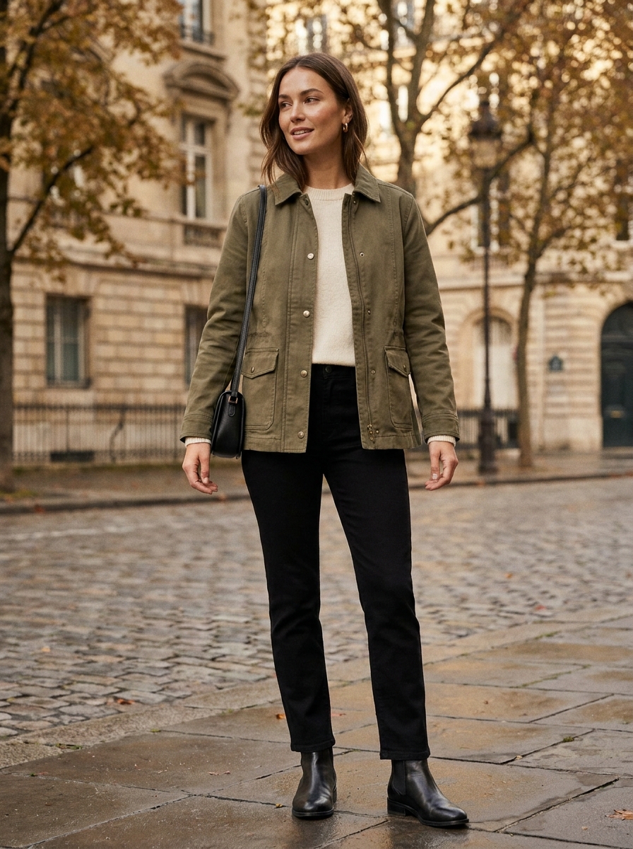 Olive Utility Jacket With Black Jeans