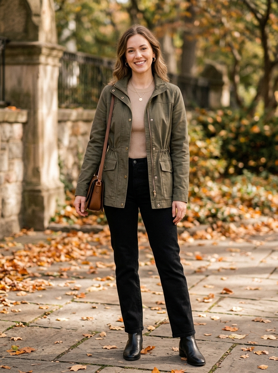 Olive Utility Jacket With Black Jeans