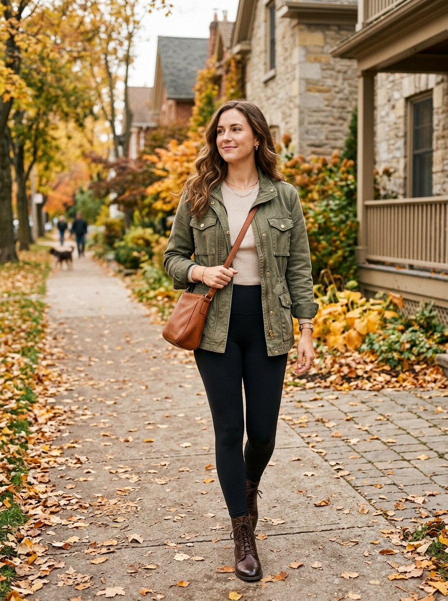 Olive Utility Jacket With Black Leggings