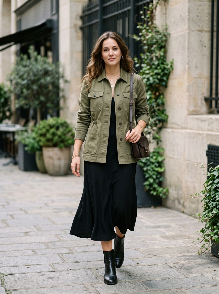 Olive Utility Jacket With Black Midi Dress