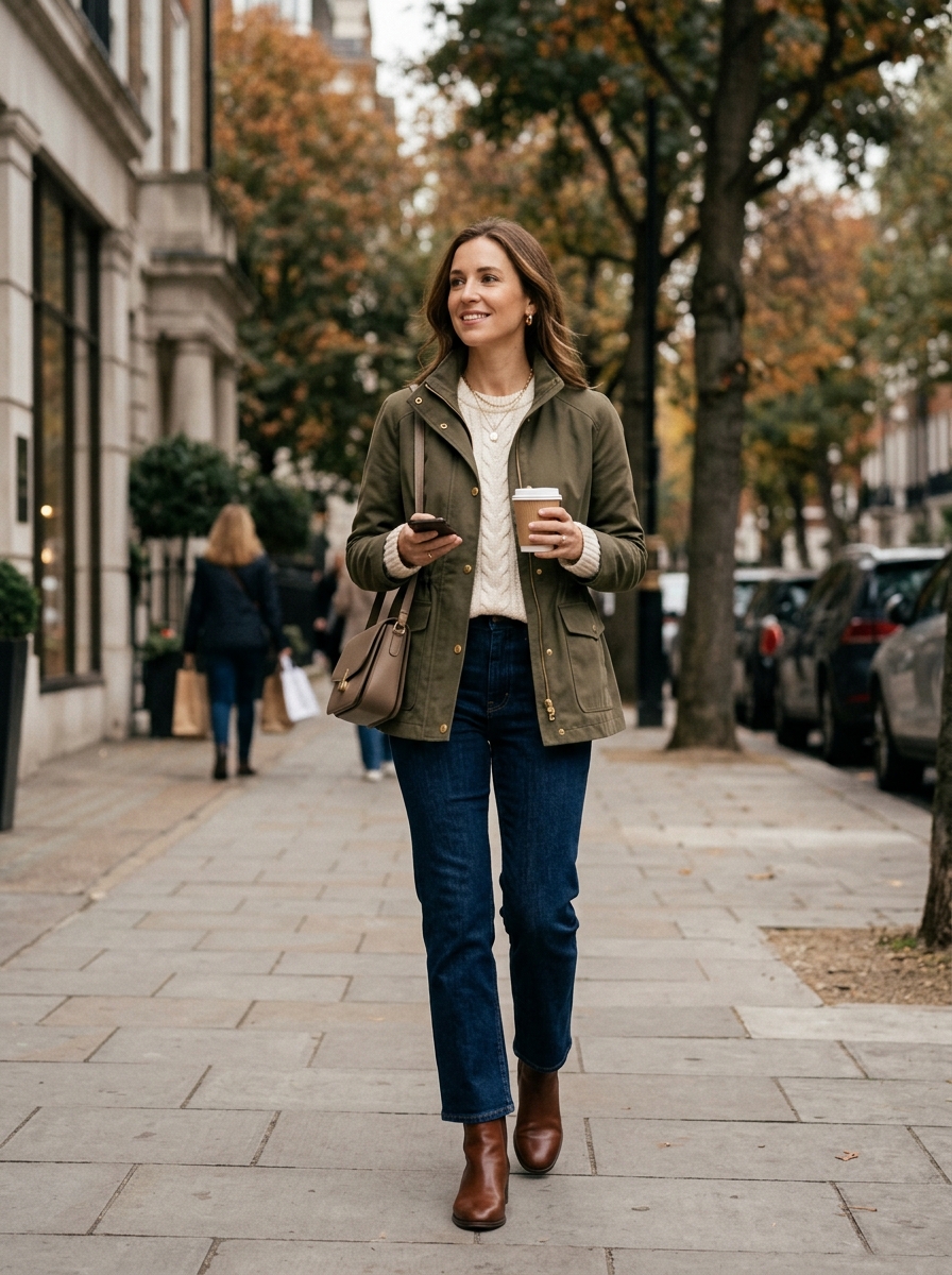 Olive Utility Jacket With Cream Knit and Dark Jeans