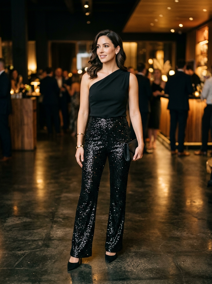 One-Shoulder Black Top With Sequin Trousers