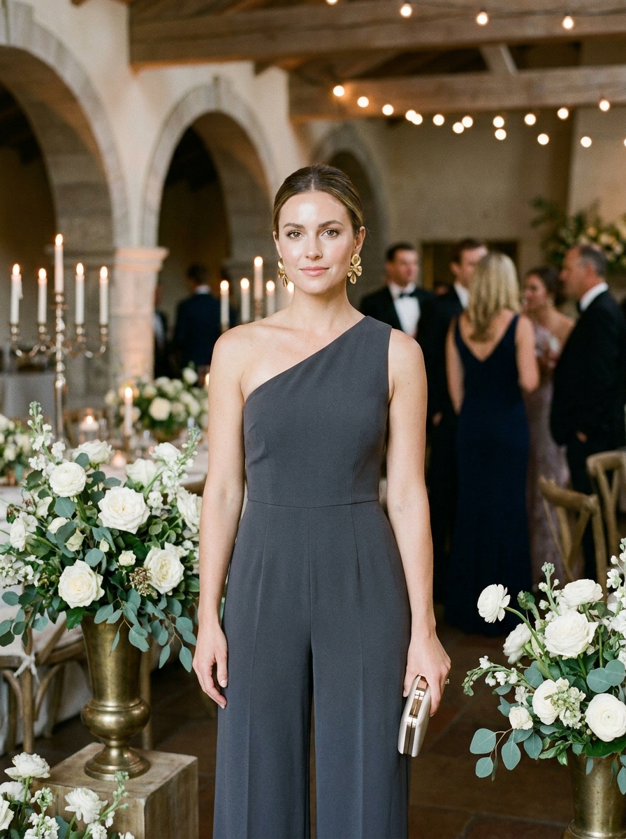 One-Shoulder Jumpsuit With Statement Earrings