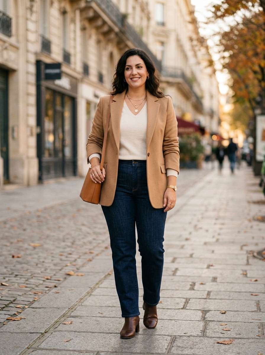 Open Blazer With a V-Neck Top and Straight Jeans