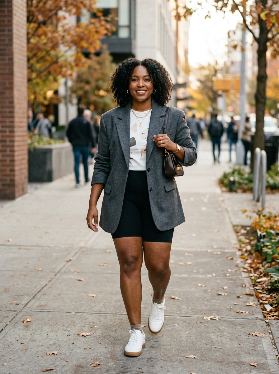 Oversized Blazer With Graphic Tee and Biker Shorts