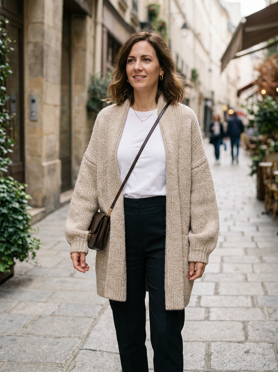 Oversized Cardigan With Black Trousers and Trainers