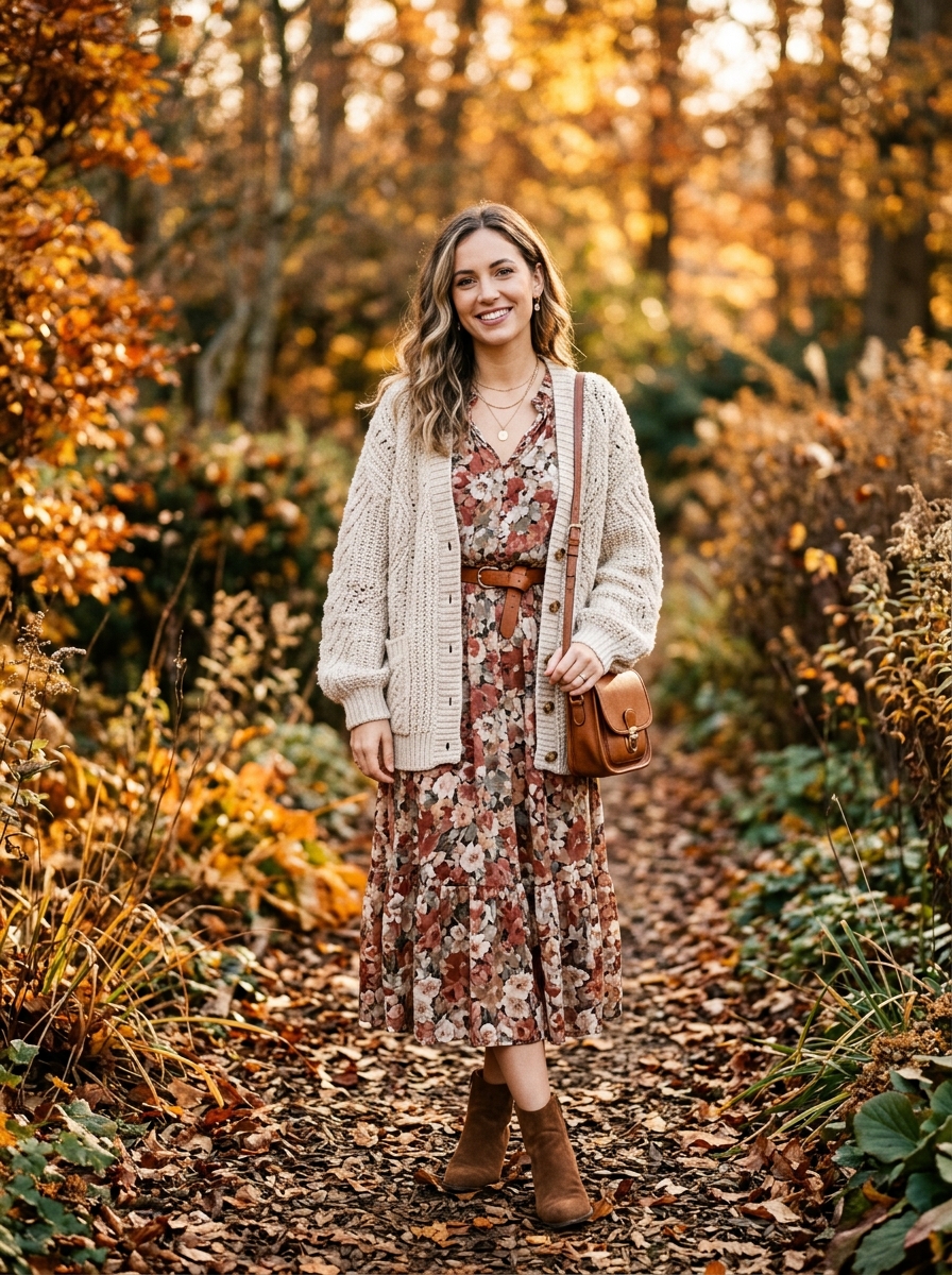 Oversized Cardigan With a Belted Floral Dress