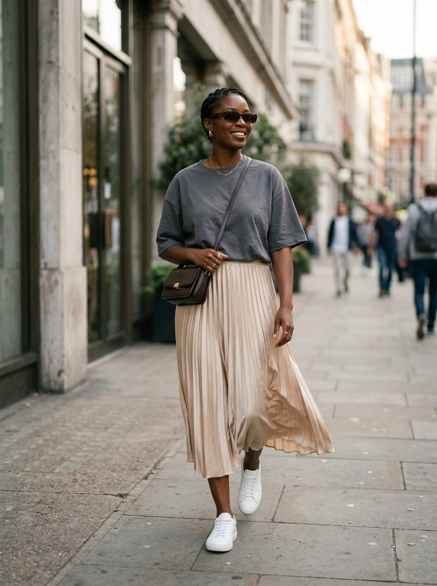 Oversized Graphic Tee With Satin Midi Skirt