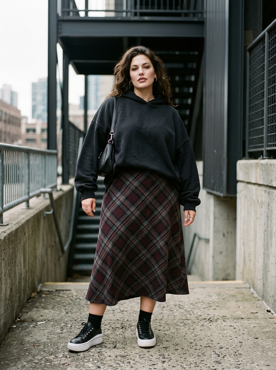 Oversized Hoodie With Plaid Midi Skirt