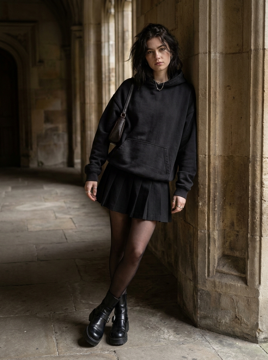 Oversized Hoodie With Pleated Mini Skirt