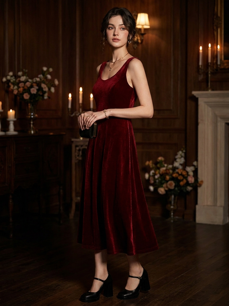 Oxblood Velvet Midi Dress With Chunky Heels