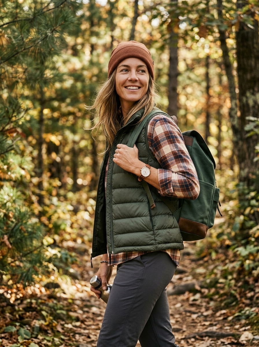 Packable Down Vest With Flannel and Trail Pants