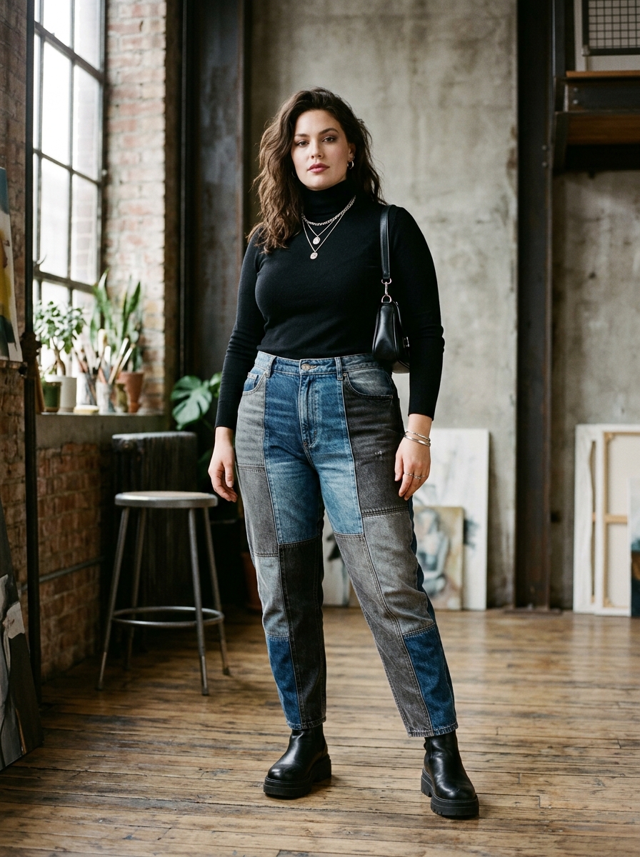 Patchwork Denim With Black Turtleneck