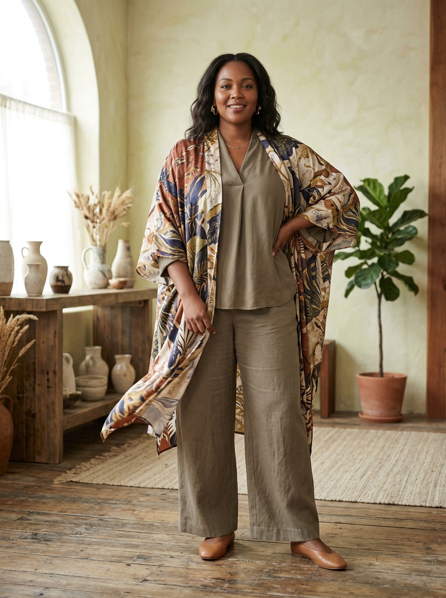 Patterned Kimono With Tonal Layers