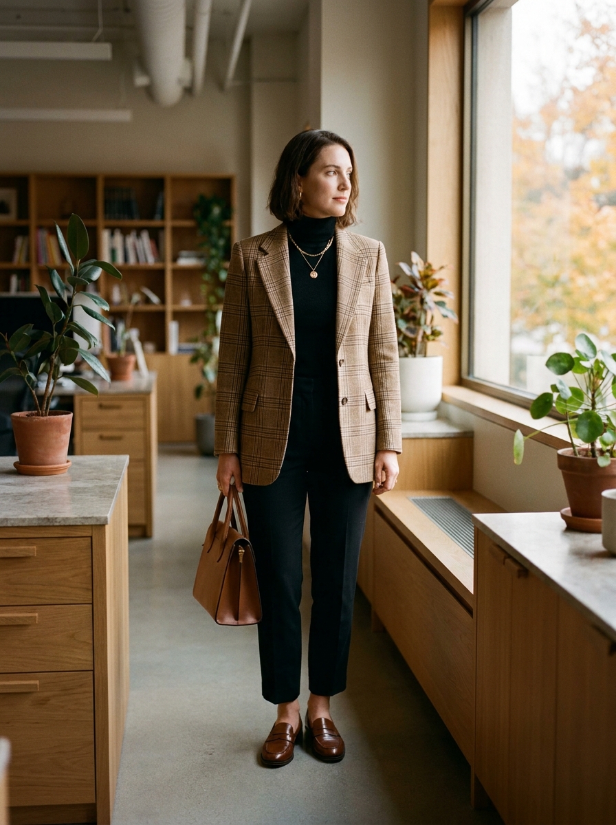 Plaid Blazer With Black Turtleneck And Ankle Pants