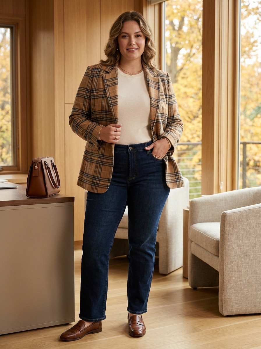 Plaid Blazer With Dark Straight-Leg Jeans