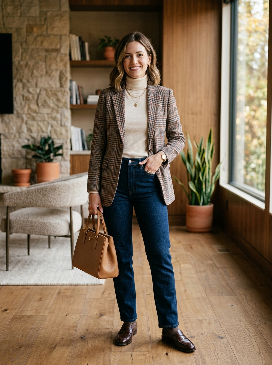 Plaid Blazer With Dark Straight-Leg Jeans