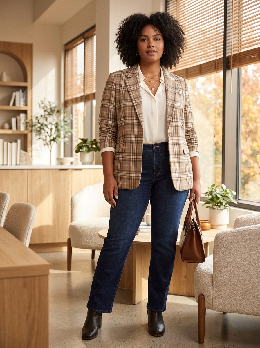Plaid Blazer With Dark-Wash Jeans