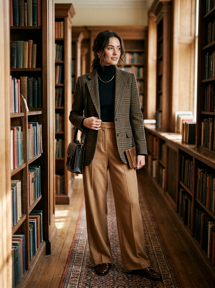 Plaid Blazer With Turtleneck and Wide-Leg Trousers