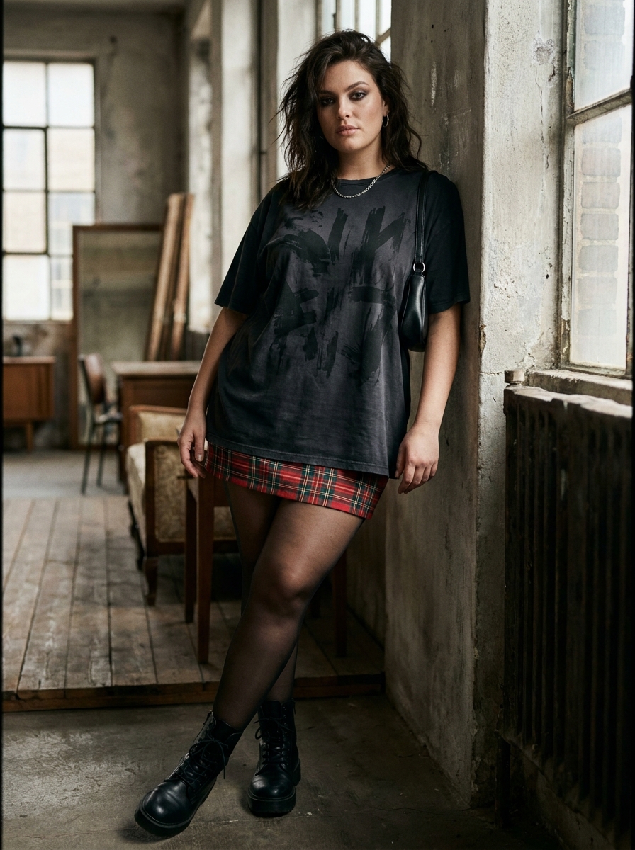 Plaid Mini Skirt With Oversized Band Tee